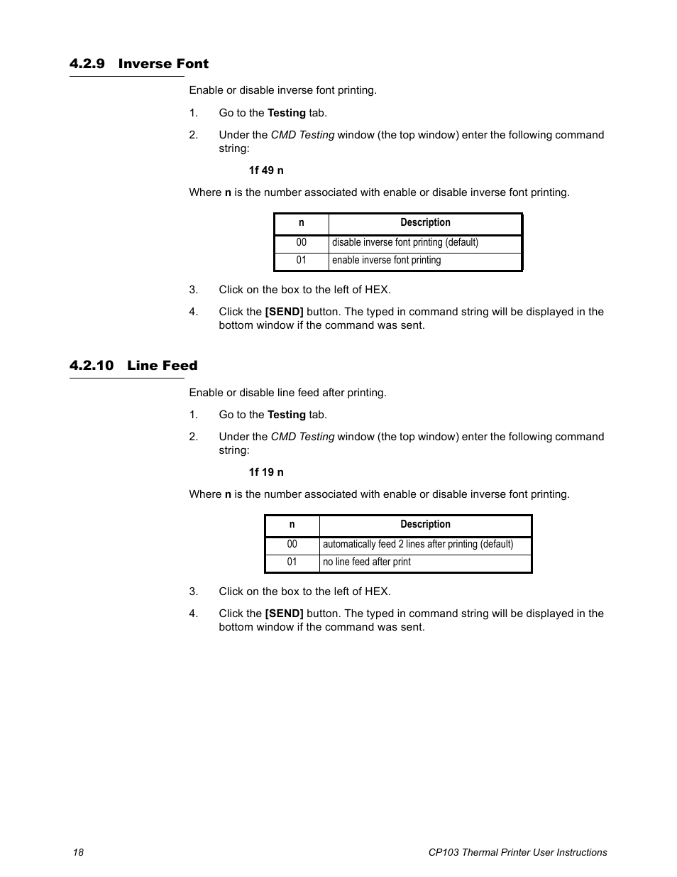 9 inverse font, 10 line feed, Inverse font line feed | Salter Brecknell CP103 User Manual | Page 20 / 27