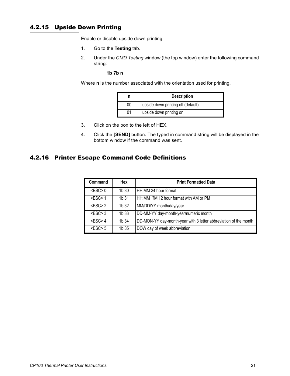 15 upside down printing, 16 printer escape command code definitions | Salter Brecknell CP103 User Manual | Page 23 / 27