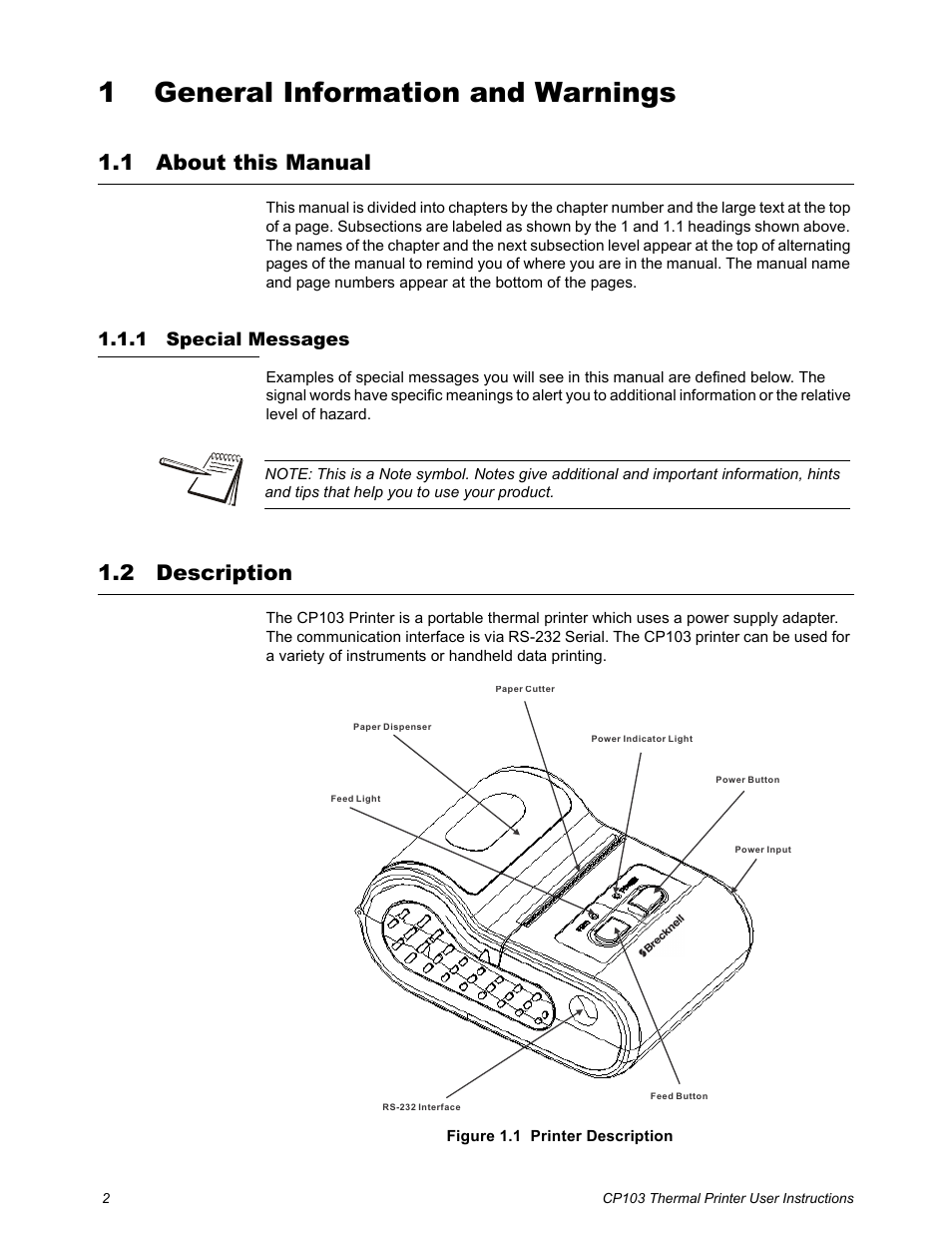 1 general information and warnings, 1 about this manual, 1 special messages | 2 description, Chapter 1 general information and warnings, About this manual, Special messages, Description | Salter Brecknell CP103 User Manual | Page 4 / 27