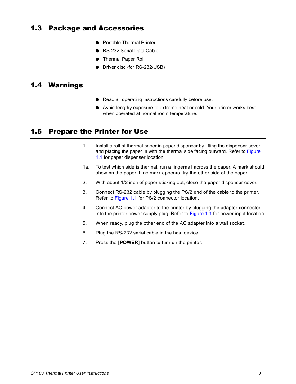 3 package and accessories, 4 warnings, 5 prepare the printer for use | Salter Brecknell CP103 User Manual | Page 5 / 27