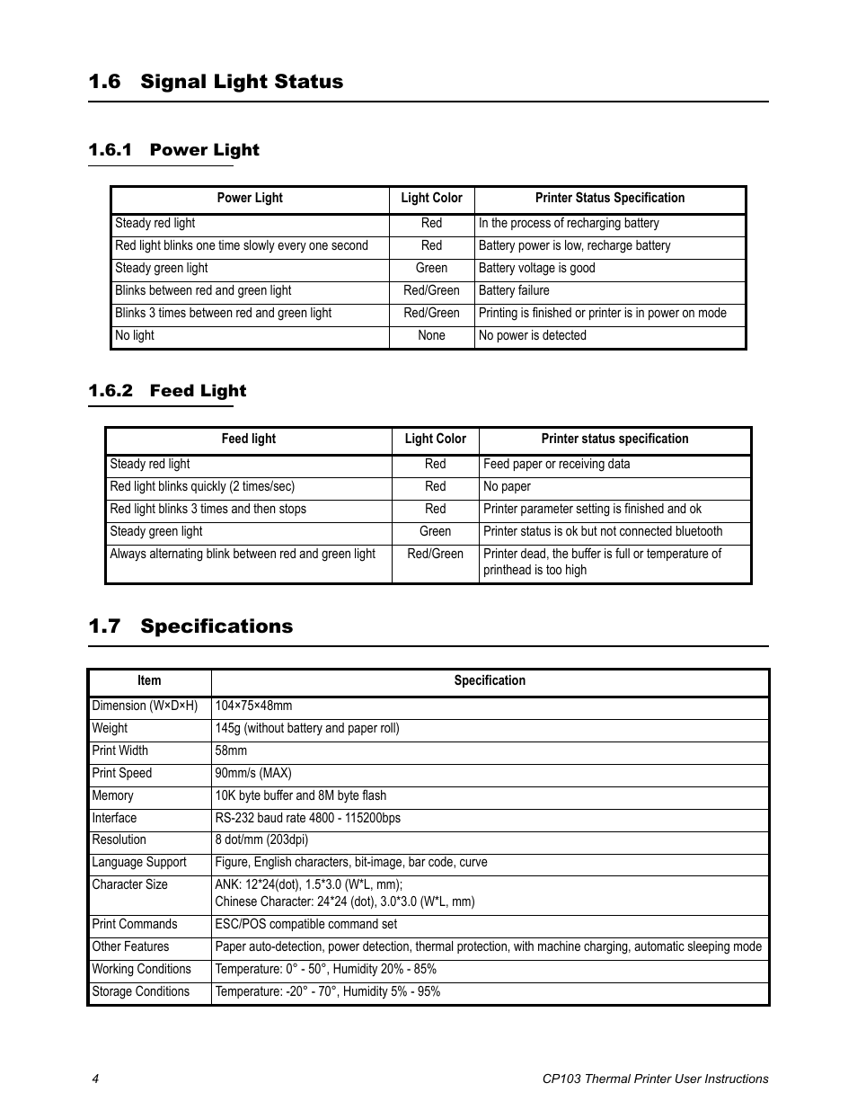 6 signal light status, 1 power light, 2 feed light | 7 specifications, Signal light status, Power light feed light, Specifications | Salter Brecknell CP103 User Manual | Page 6 / 27