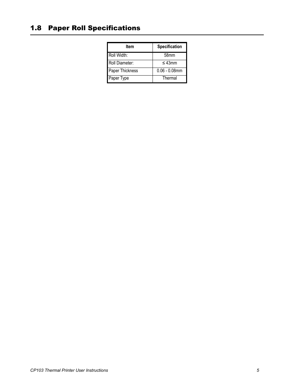 8 paper roll specifications, Paper roll specifications | Salter Brecknell CP103 User Manual | Page 7 / 27