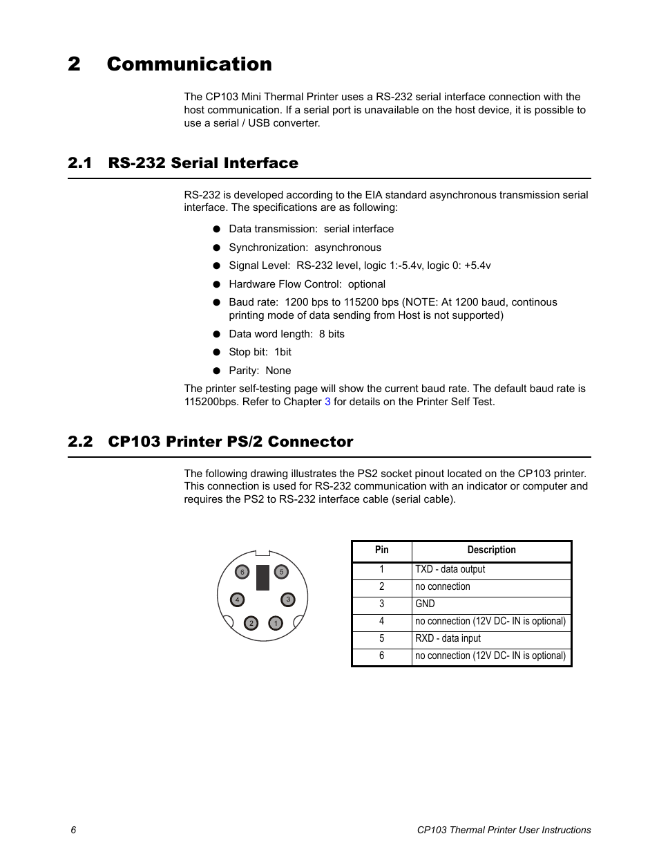 2 communication, 1 rs-232 serial interface, 2 cp103 printer ps/2 connector | Chapter 2 communication | Salter Brecknell CP103 User Manual | Page 8 / 27