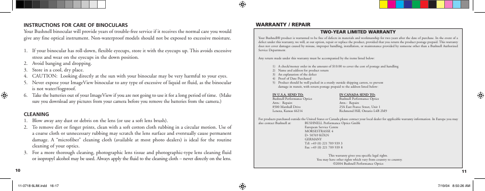 Warranty / repair | Bushnell 11-0718 User Manual | Page 9 / 43