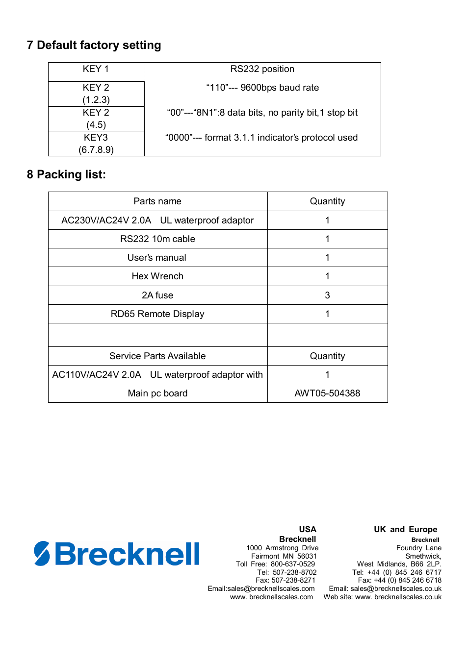 7 default factory setting, 8 packing list | Salter Brecknell RD-65 Remote Display User Manual | Page 17 / 17