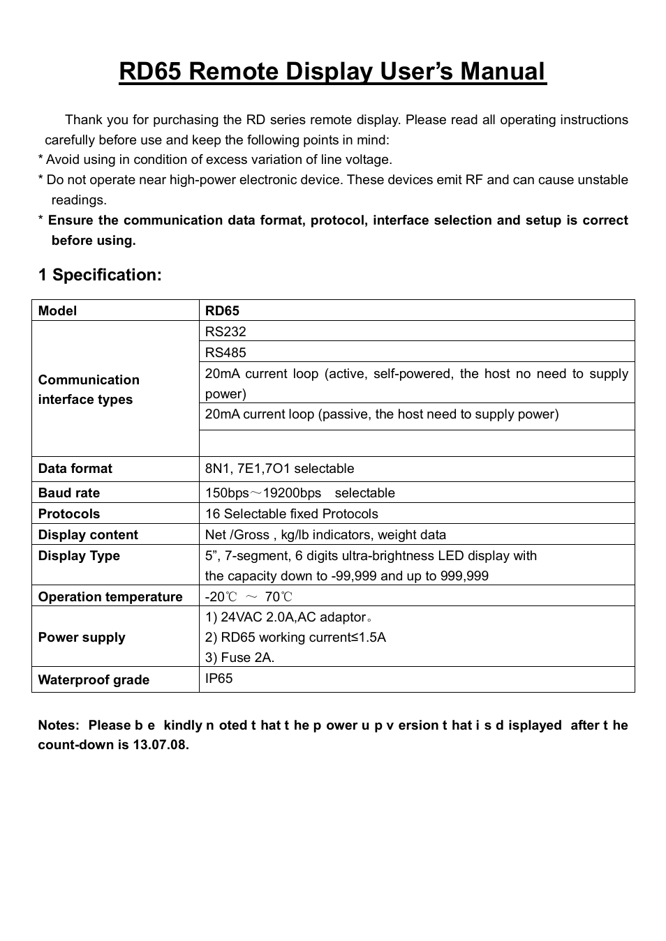 Rd65 remote display user’s manual, 1 specification | Salter Brecknell RD-65 Remote Display User Manual | Page 3 / 17