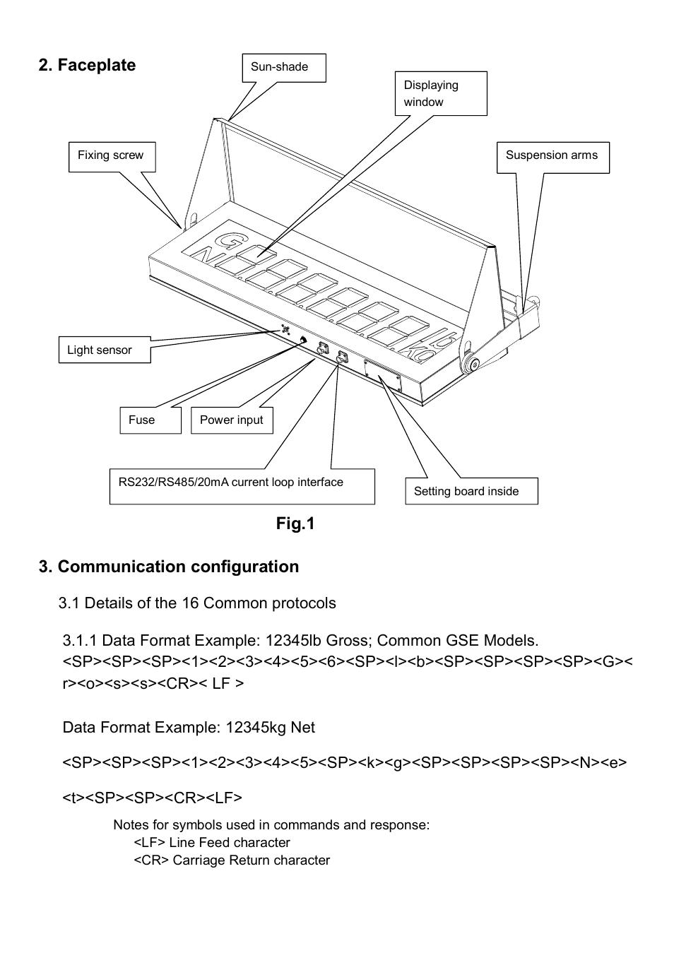 Faceplate, Fig.1, Communication configuration | Salter Brecknell RD-65 Remote Display User Manual | Page 4 / 17