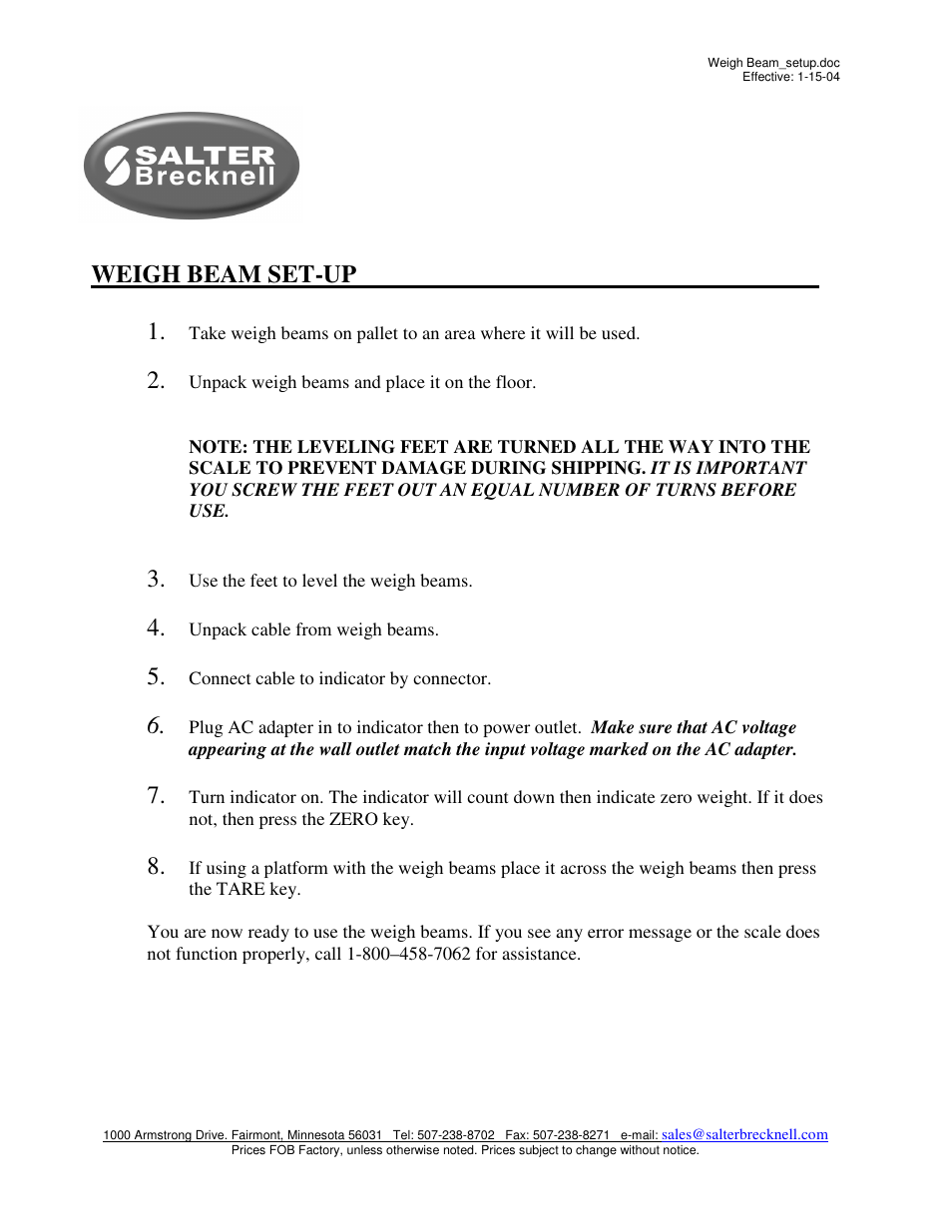 Salter Brecknell Weigh Beams User Manual | 1 page