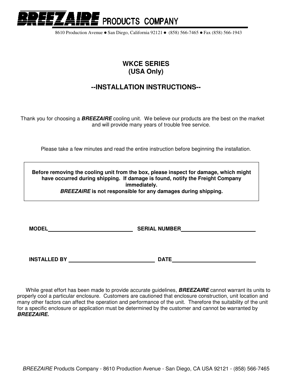 BREEZAIRE WKCE1060 User Manual | 5 pages