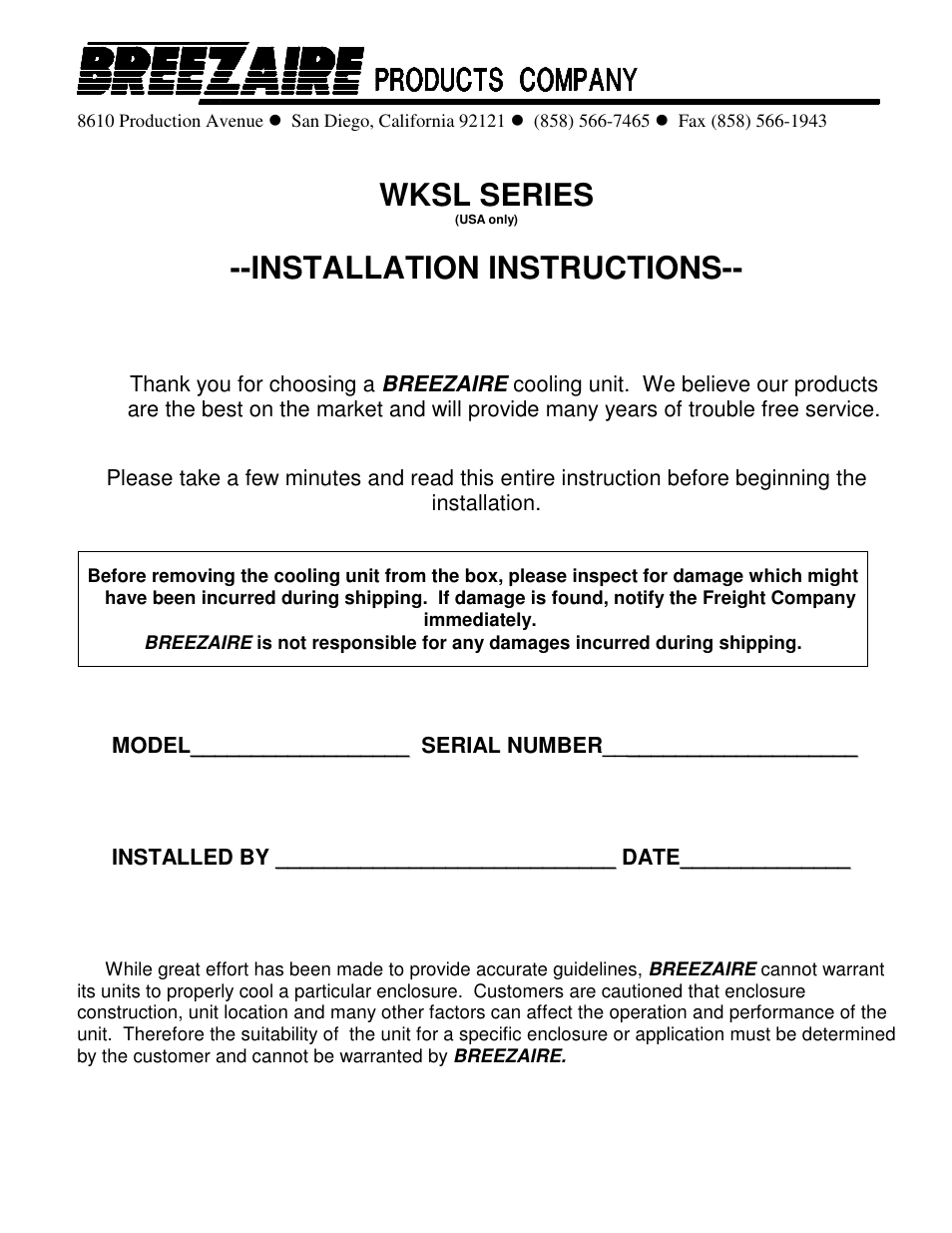 BREEZAIRE WKSL2200 User Manual | 8 pages