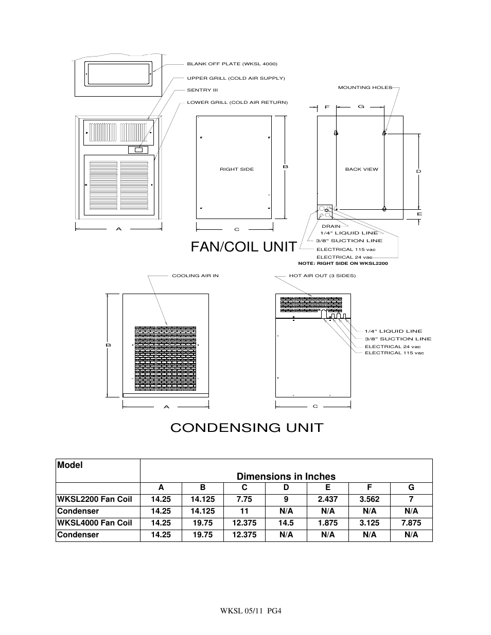 Fan/coil unit, Condensing unit, Dimensions in inches | Model | BREEZAIRE WKSL2200 User Manual | Page 4 / 8