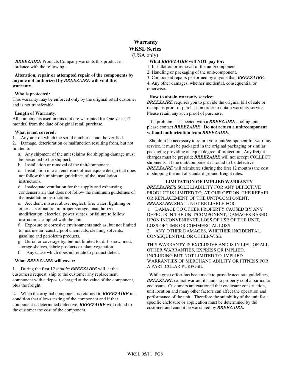 BREEZAIRE WKSL2200 User Manual | Page 8 / 8