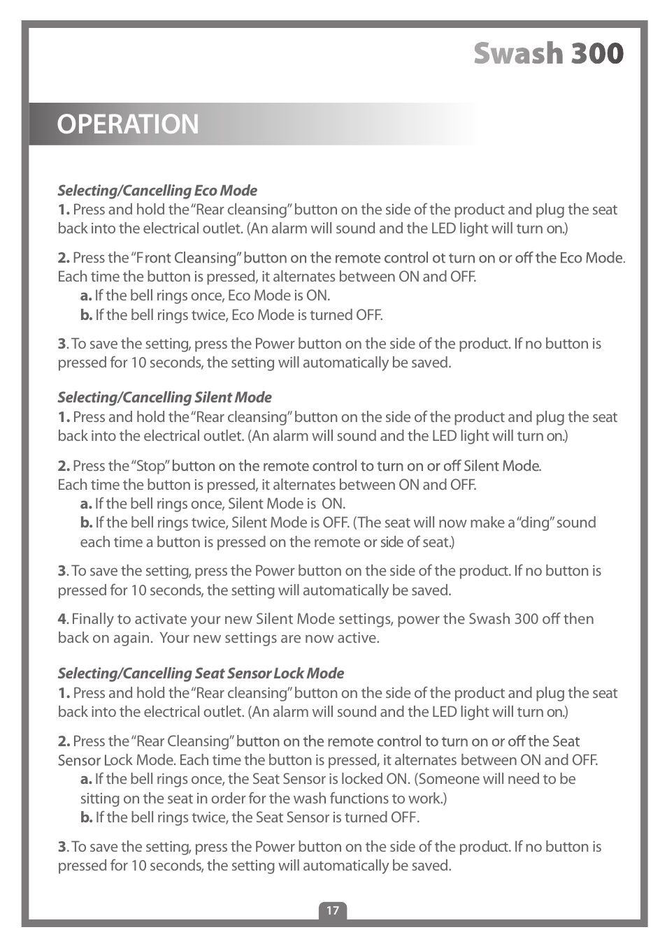 Operation | Brondell Swash 300 User Manual | Page 19 / 80