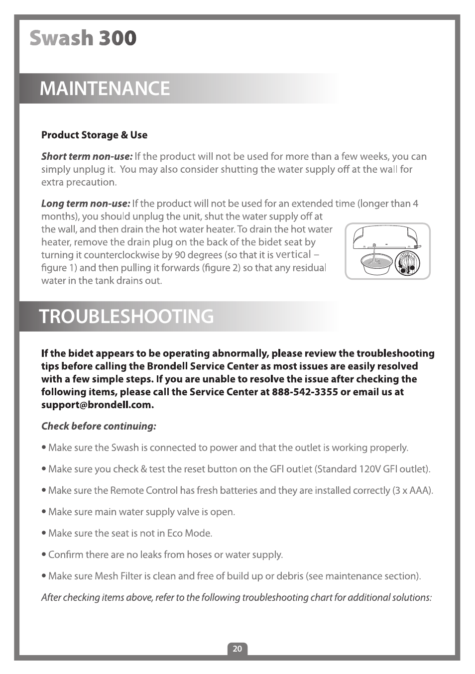 Maintenance troubleshooting | Brondell Swash 300 User Manual | Page 22 / 80
