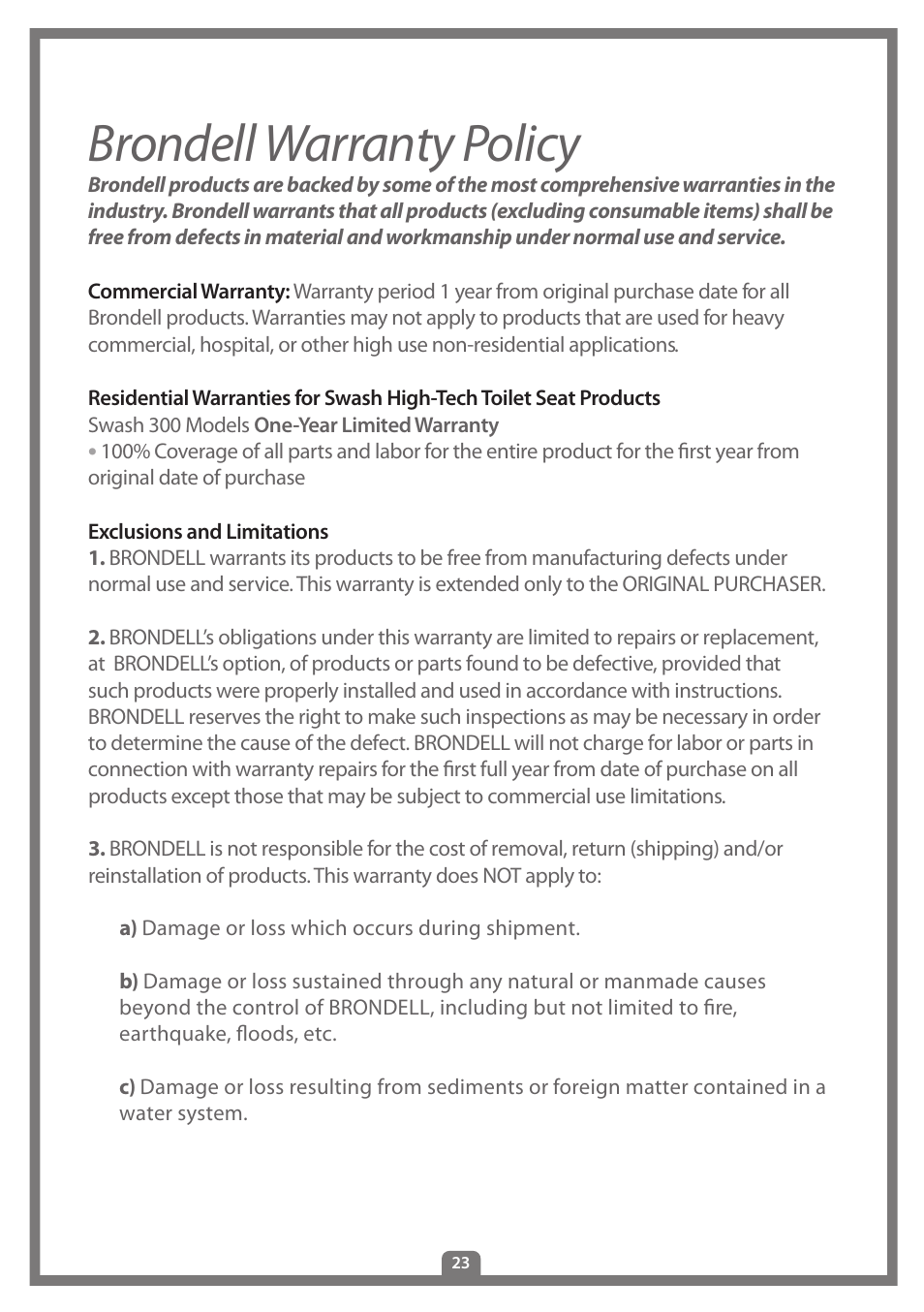 Brondell warranty policy | Brondell Swash 300 User Manual | Page 25 / 80