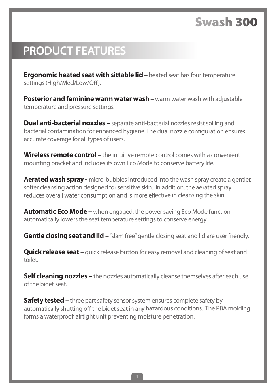 Product features | Brondell Swash 300 User Manual | Page 3 / 80