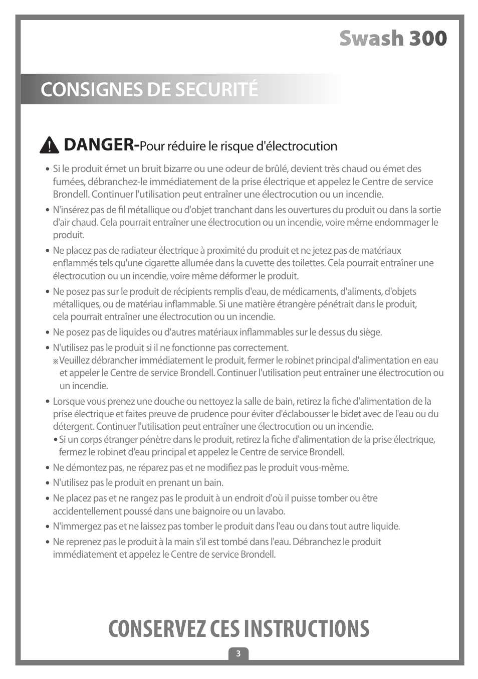 Conservez ces instructions, Consignes de securité, Danger | Brondell Swash 300 User Manual | Page 31 / 80