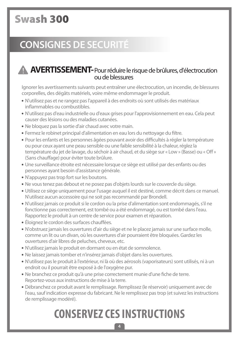 Conservez ces instructions, Consignes de securité, Avertissement | Brondell Swash 300 User Manual | Page 32 / 80