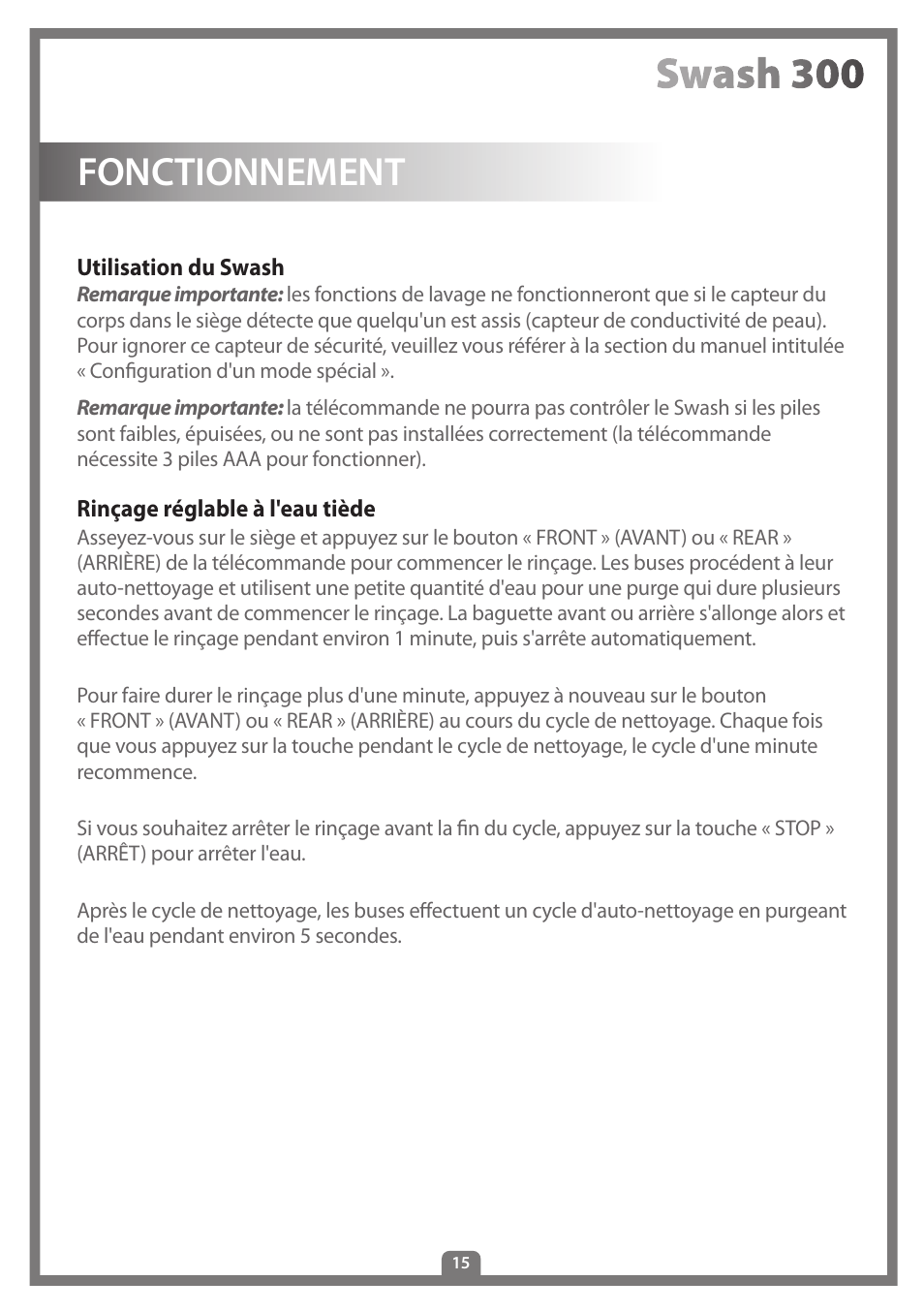 Fonctionnement | Brondell Swash 300 User Manual | Page 43 / 80
