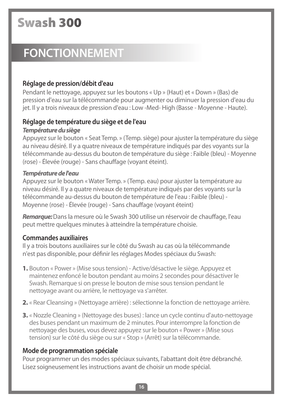 Fonctionnement | Brondell Swash 300 User Manual | Page 44 / 80