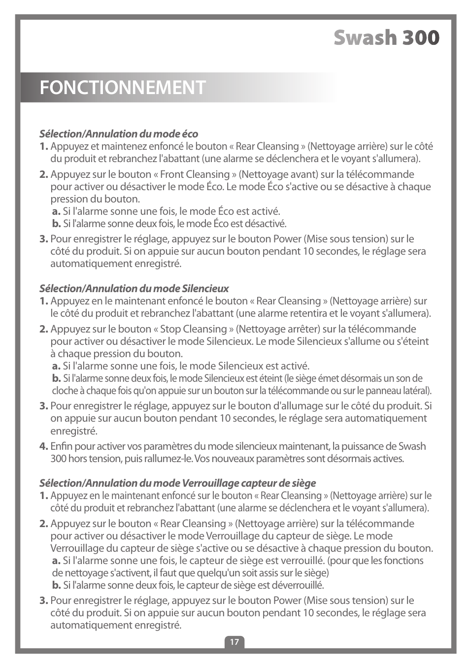Fonctionnement | Brondell Swash 300 User Manual | Page 45 / 80