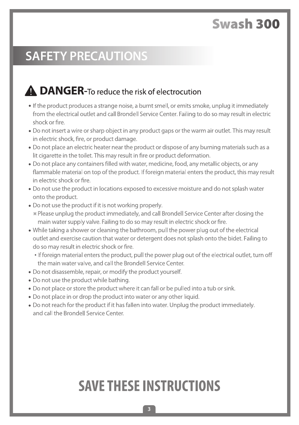 Safety precautions | Brondell Swash 300 User Manual | Page 5 / 80