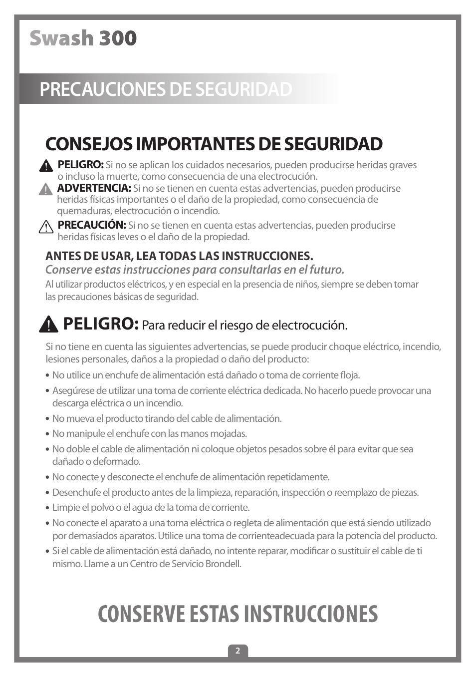 Conserve estas instrucciones, Precauciones de seguridad, Consejos importantes de seguridad | Peligro | Brondell Swash 300 User Manual | Page 56 / 80