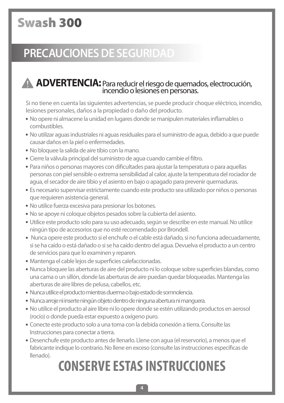 Conserve estas instrucciones, Precauciones de seguridad, Advertencia | Brondell Swash 300 User Manual | Page 58 / 80