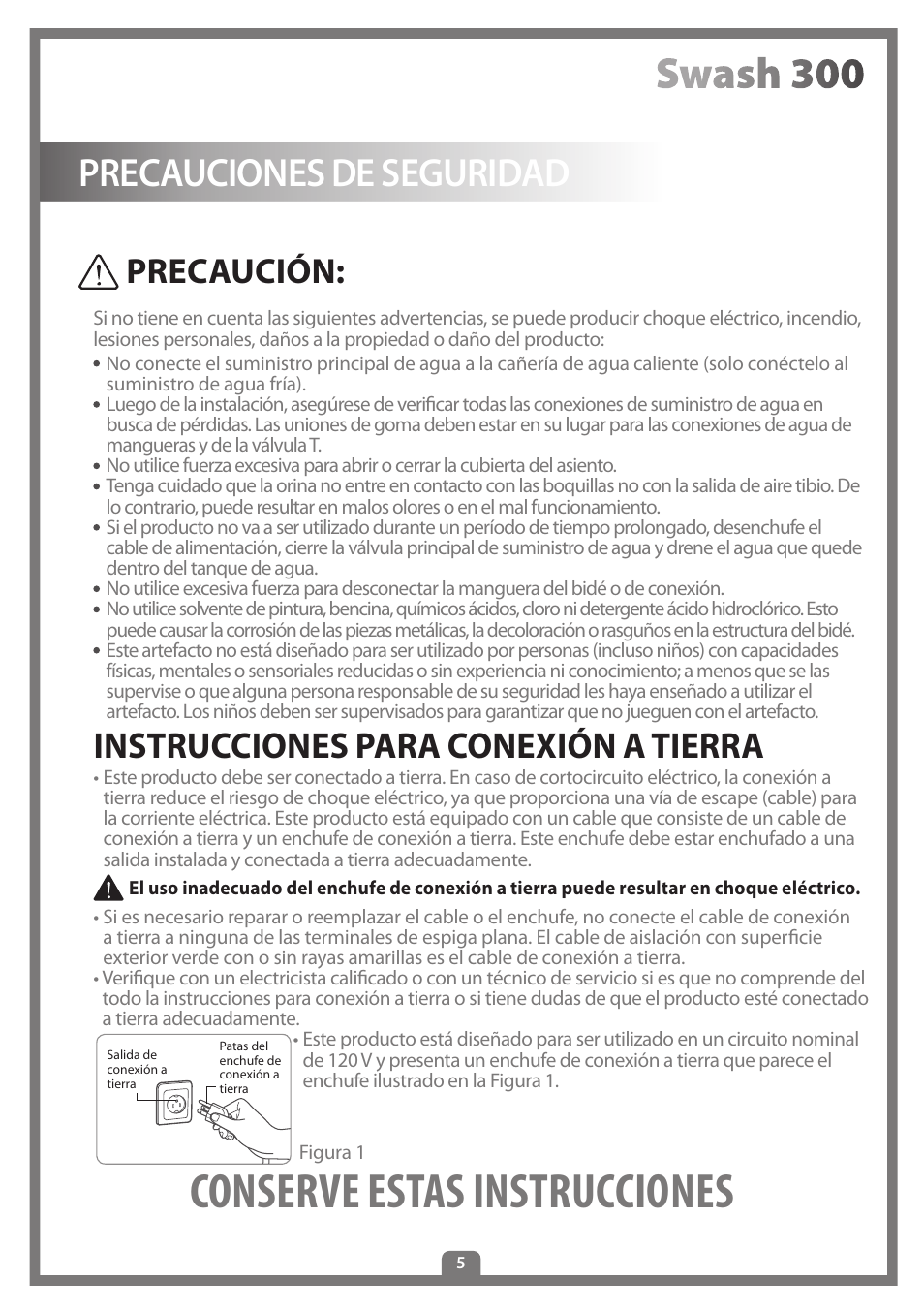Conserve estas instrucciones, Precauciones de seguridad, Instrucciones para conexión a tierra | Precaución | Brondell Swash 300 User Manual | Page 59 / 80