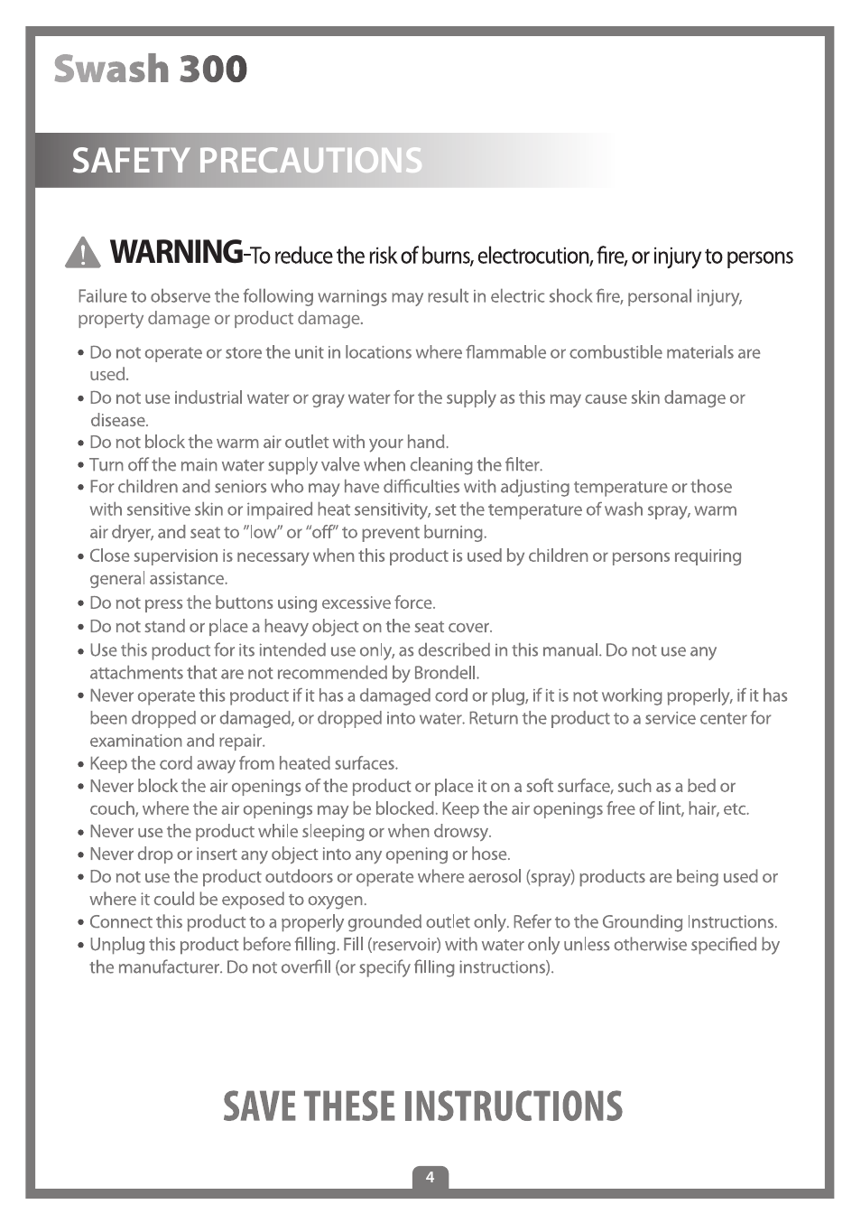 Safety precautions, Warning | Brondell Swash 300 User Manual | Page 6 / 80