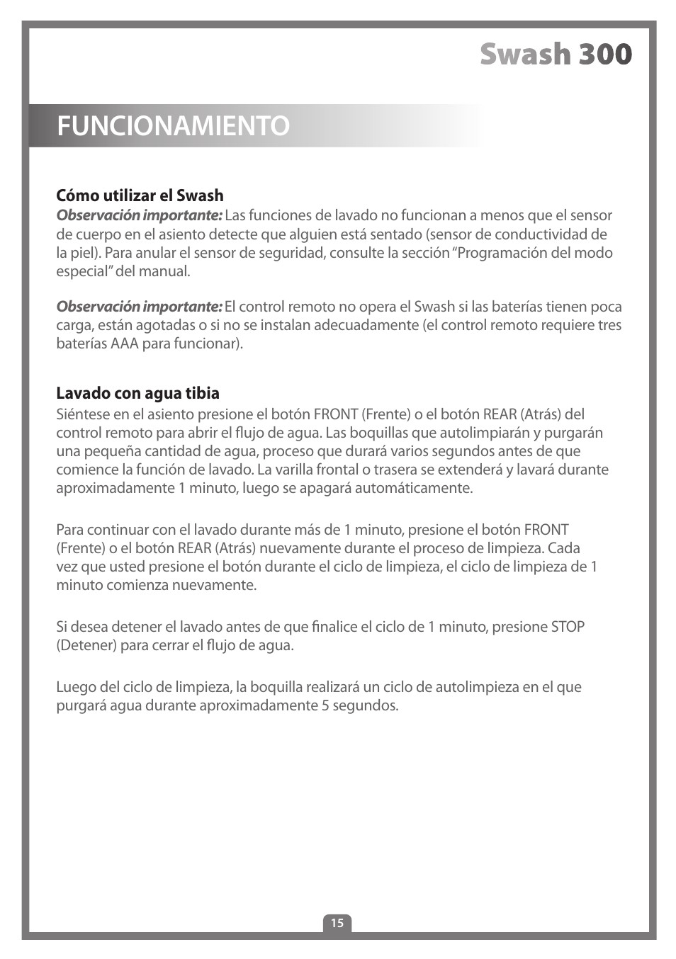 Funcionamiento | Brondell Swash 300 User Manual | Page 69 / 80