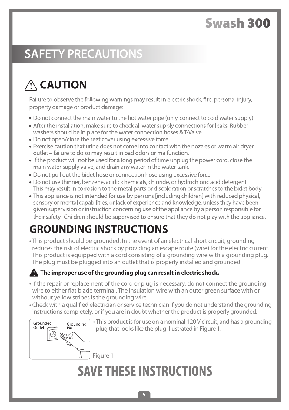 Safety precautions, Grounding instructions | Brondell Swash 300 User Manual | Page 7 / 80