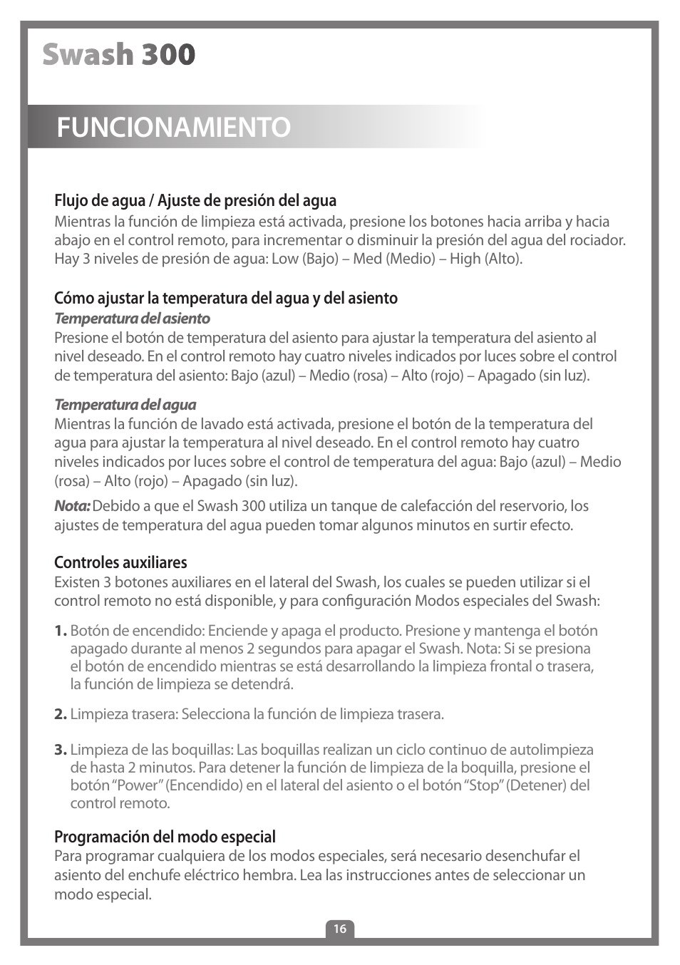Funcionamiento | Brondell Swash 300 User Manual | Page 70 / 80