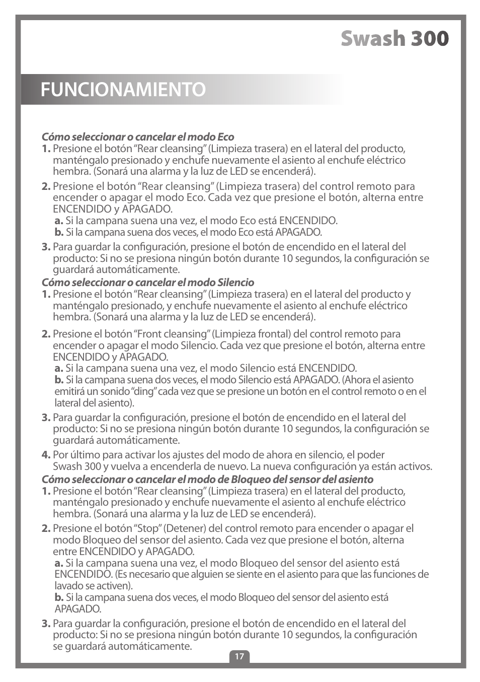 Funcionamiento | Brondell Swash 300 User Manual | Page 71 / 80
