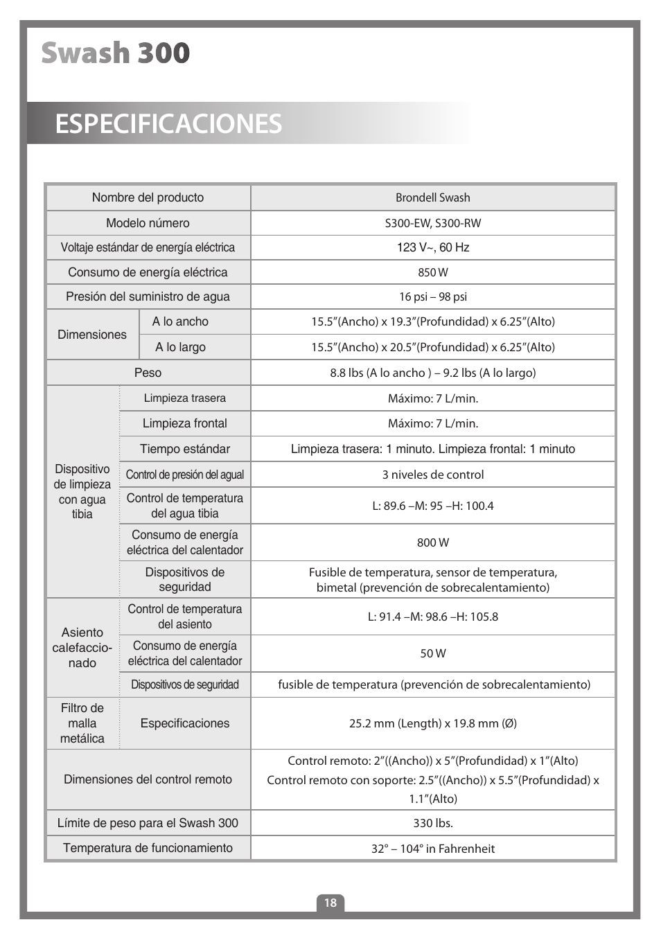 Especificaciones | Brondell Swash 300 User Manual | Page 72 / 80