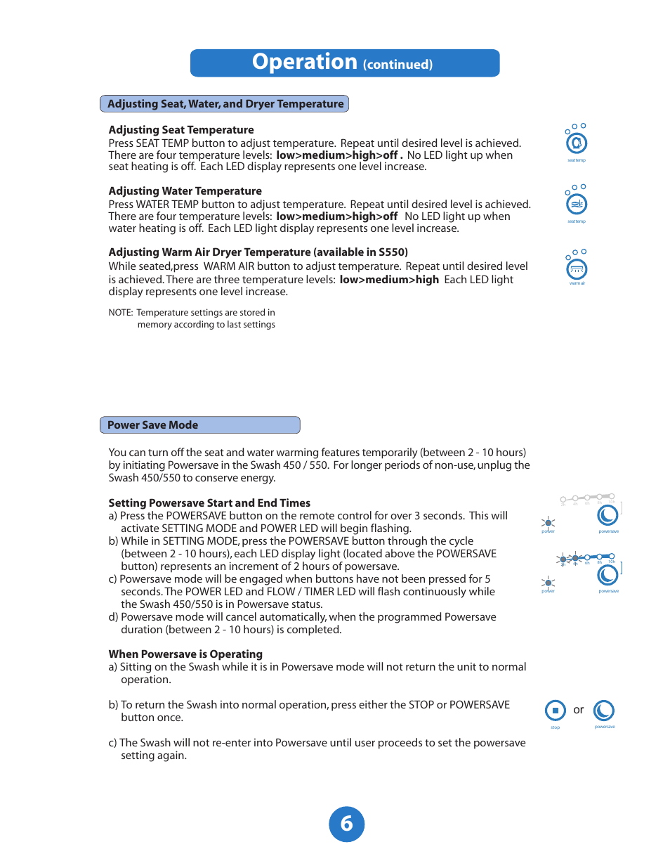 Operation, Continued), Power save mode | Brondell Swash 550 User Manual | Page 7 / 8