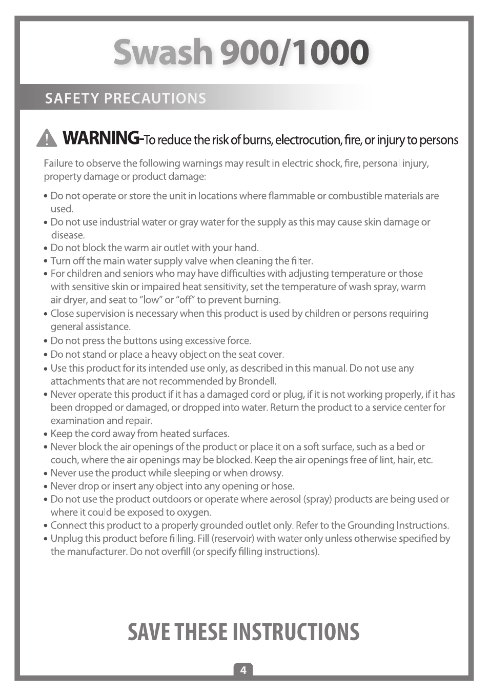 Save these instructions | Brondell Swash 1000 User Manual | Page 6 / 32
