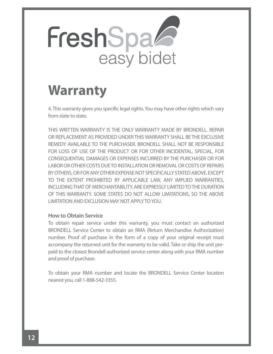 Warranty | Brondell FreshSpa Easy Bidet User Manual | Page 14 / 44