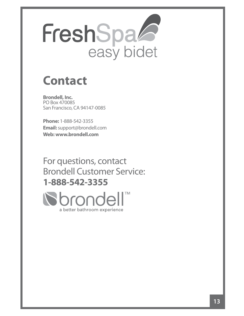 Contact | Brondell FreshSpa Easy Bidet User Manual | Page 15 / 44