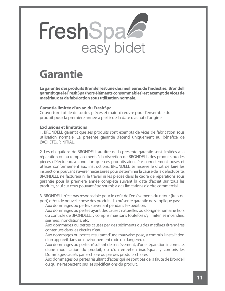 Garantie | Brondell FreshSpa Easy Bidet User Manual | Page 27 / 44