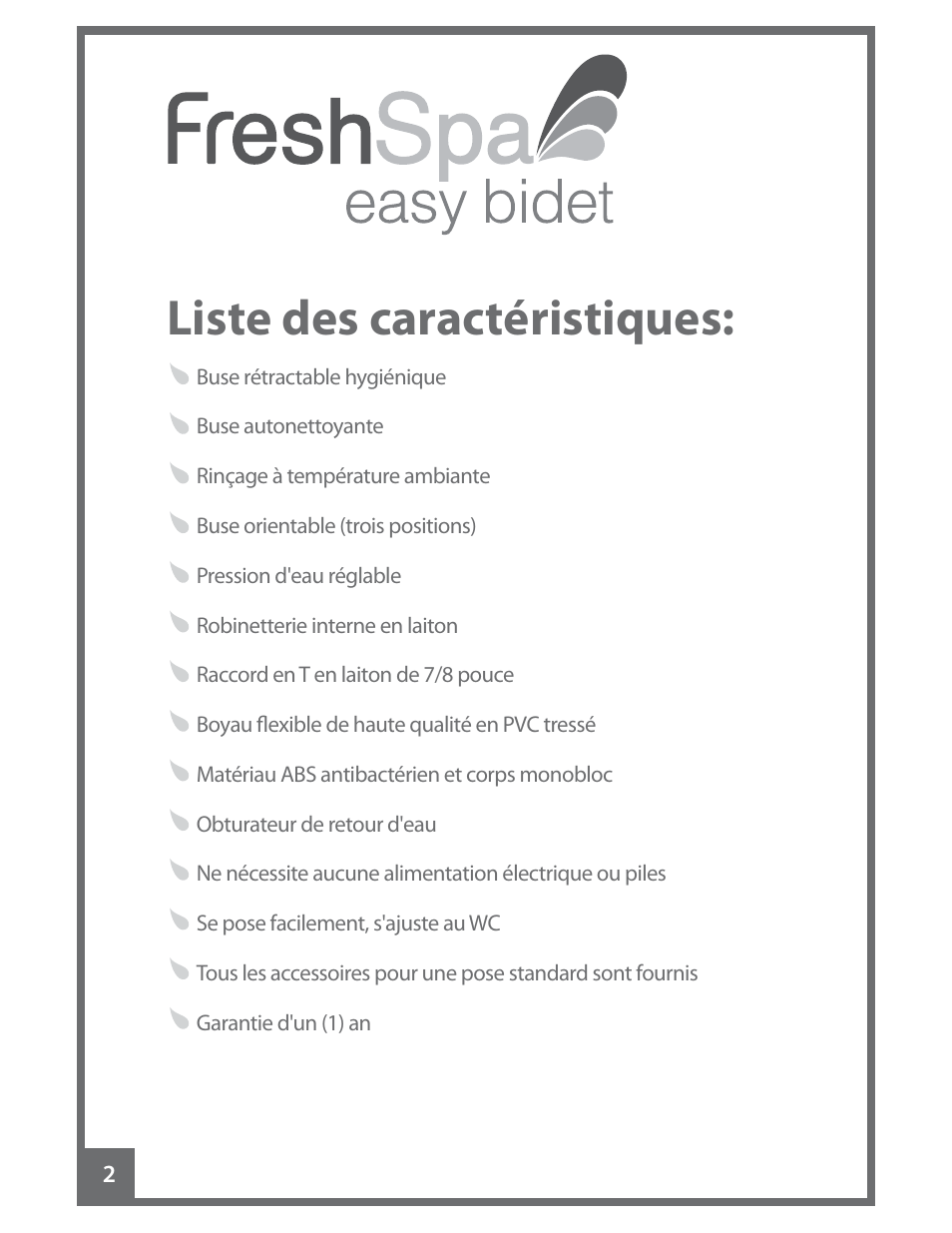 Liste des caractéristiques | Brondell FreshSpa Easy Bidet User Manual | Page 32 / 44