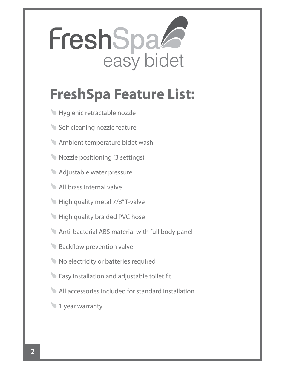 Freshspa feature list | Brondell FreshSpa Easy Bidet User Manual | Page 4 / 44