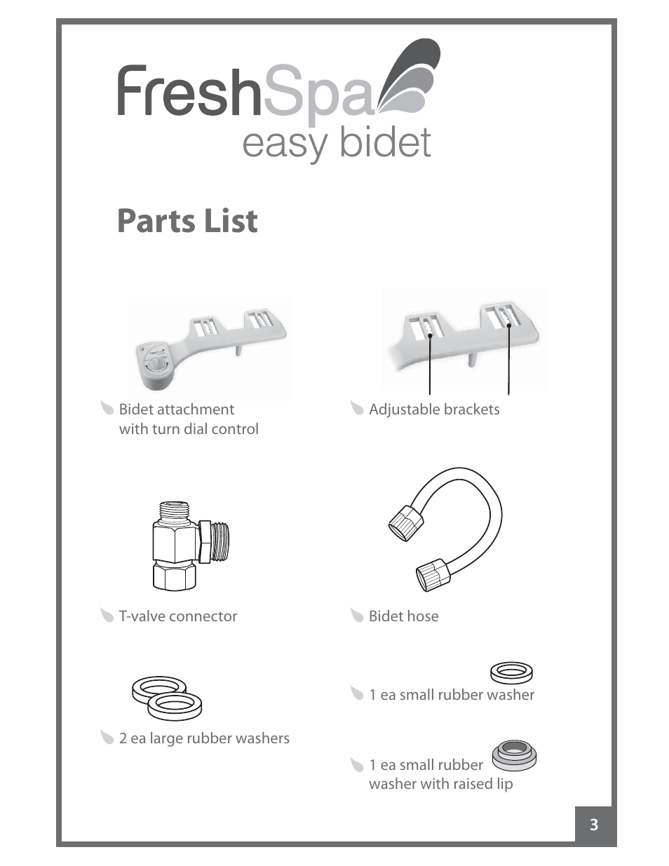 Parts list | Brondell FreshSpa Easy Bidet User Manual | Page 5 / 44