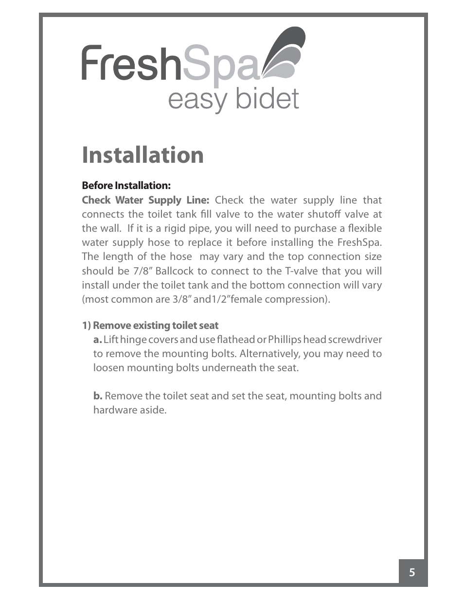 Installation | Brondell FreshSpa Easy Bidet User Manual | Page 7 / 44