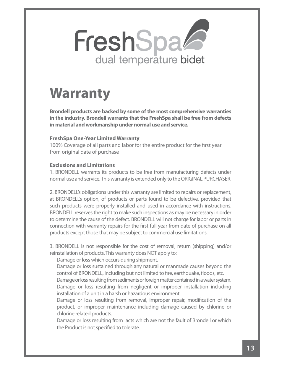 Warranty | Brondell FreshSpa Dual Temperature Bidet User Manual | Page 15 / 52