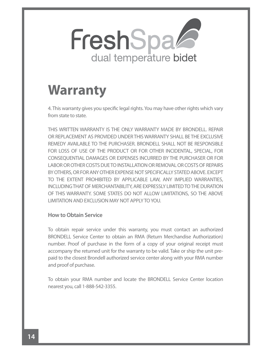 Warranty | Brondell FreshSpa Dual Temperature Bidet User Manual | Page 16 / 52