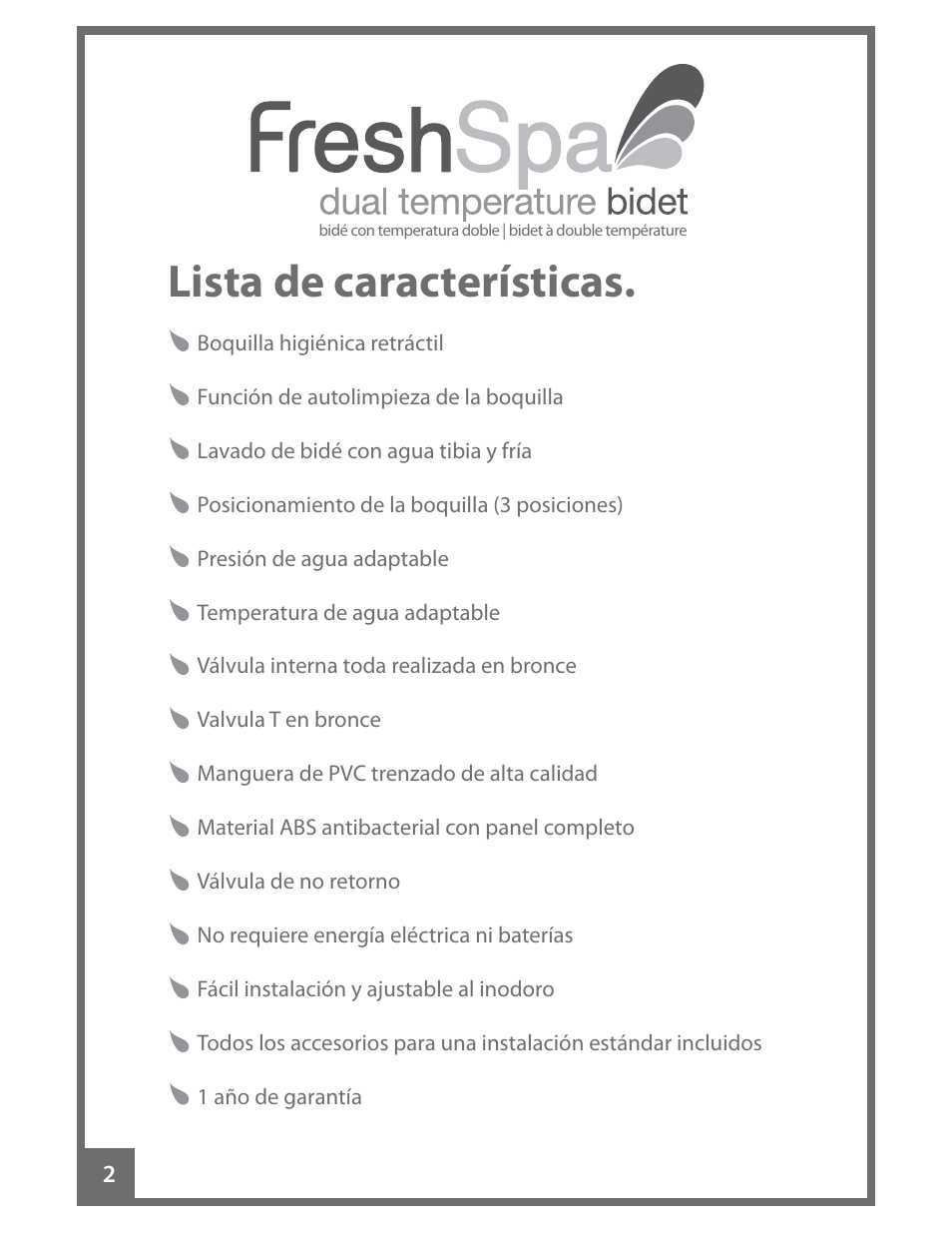 Lista de características | Brondell FreshSpa Dual Temperature Bidet User Manual | Page 20 / 52