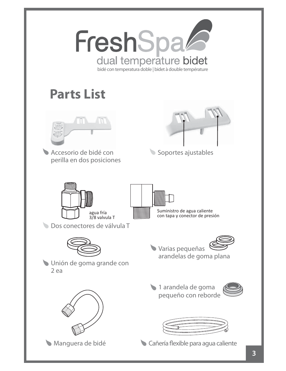 Parts list | Brondell FreshSpa Dual Temperature Bidet User Manual | Page 21 / 52