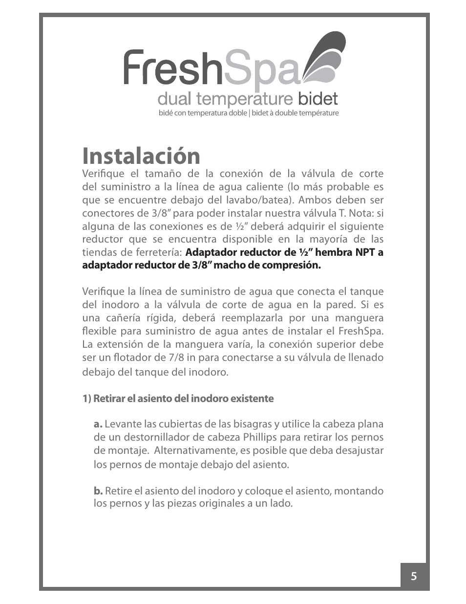 Instalación | Brondell FreshSpa Dual Temperature Bidet User Manual | Page 23 / 52