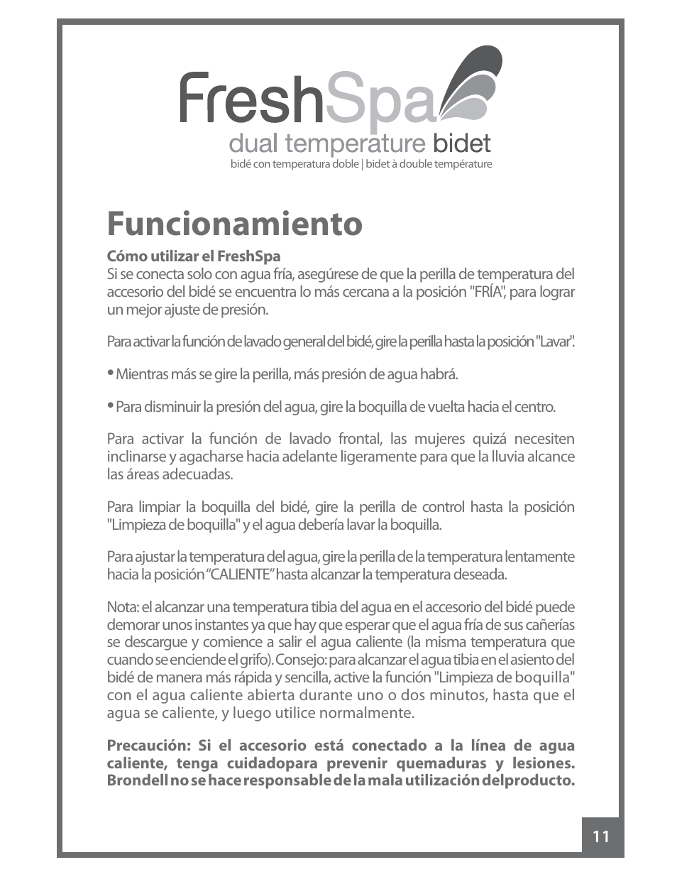 Funcionamiento | Brondell FreshSpa Dual Temperature Bidet User Manual | Page 29 / 52